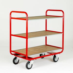 Trolley with 3 plywood  shelves, open end Shelf Trolleys with plywood Shelves & roll cages 27/Red Trolley.jpg